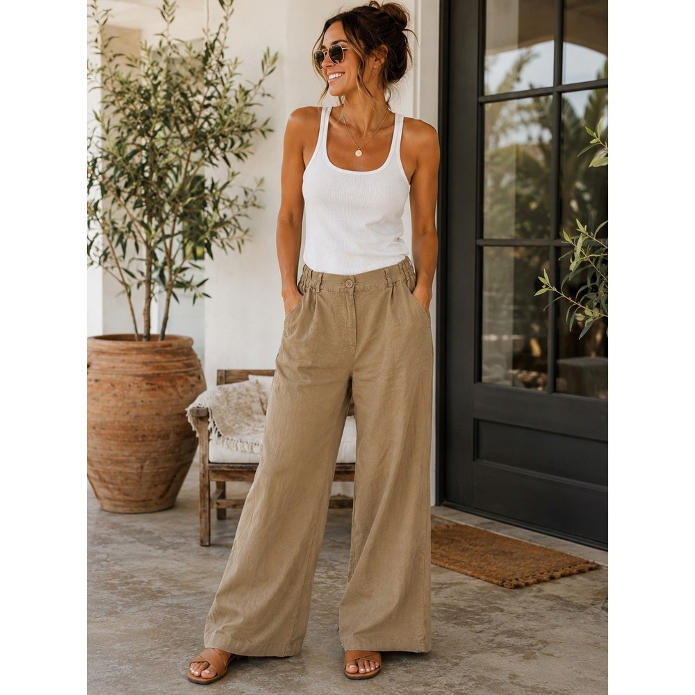 Open Edit Women Tan/Brown Linen Blend Wide Leg Elastic Back Pants Size M